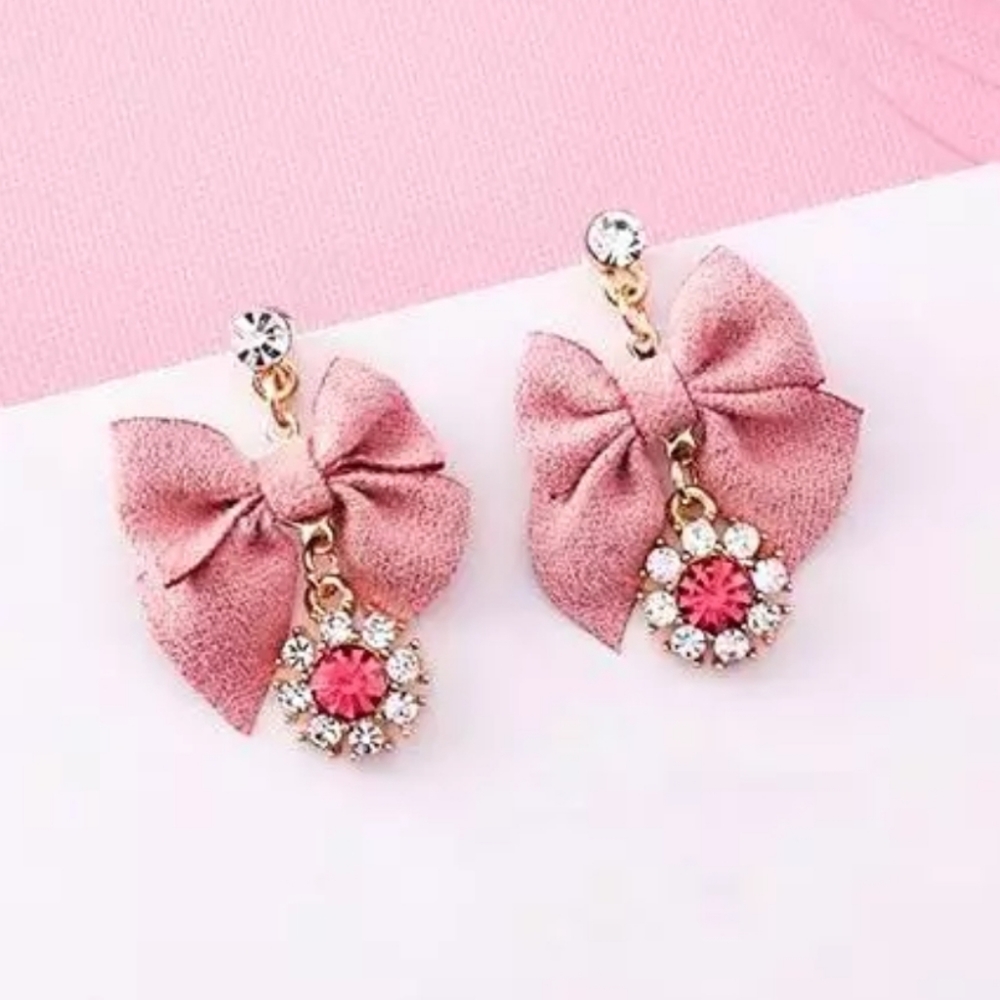 Pink Bow & Sparkly Crystals Earrings